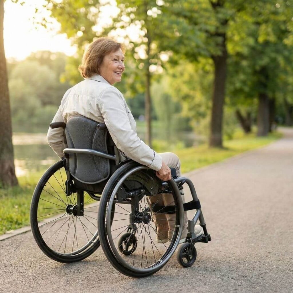 Senior woman seated comfortably in a lightweight ergonomic travel wheelchair outdoors. 