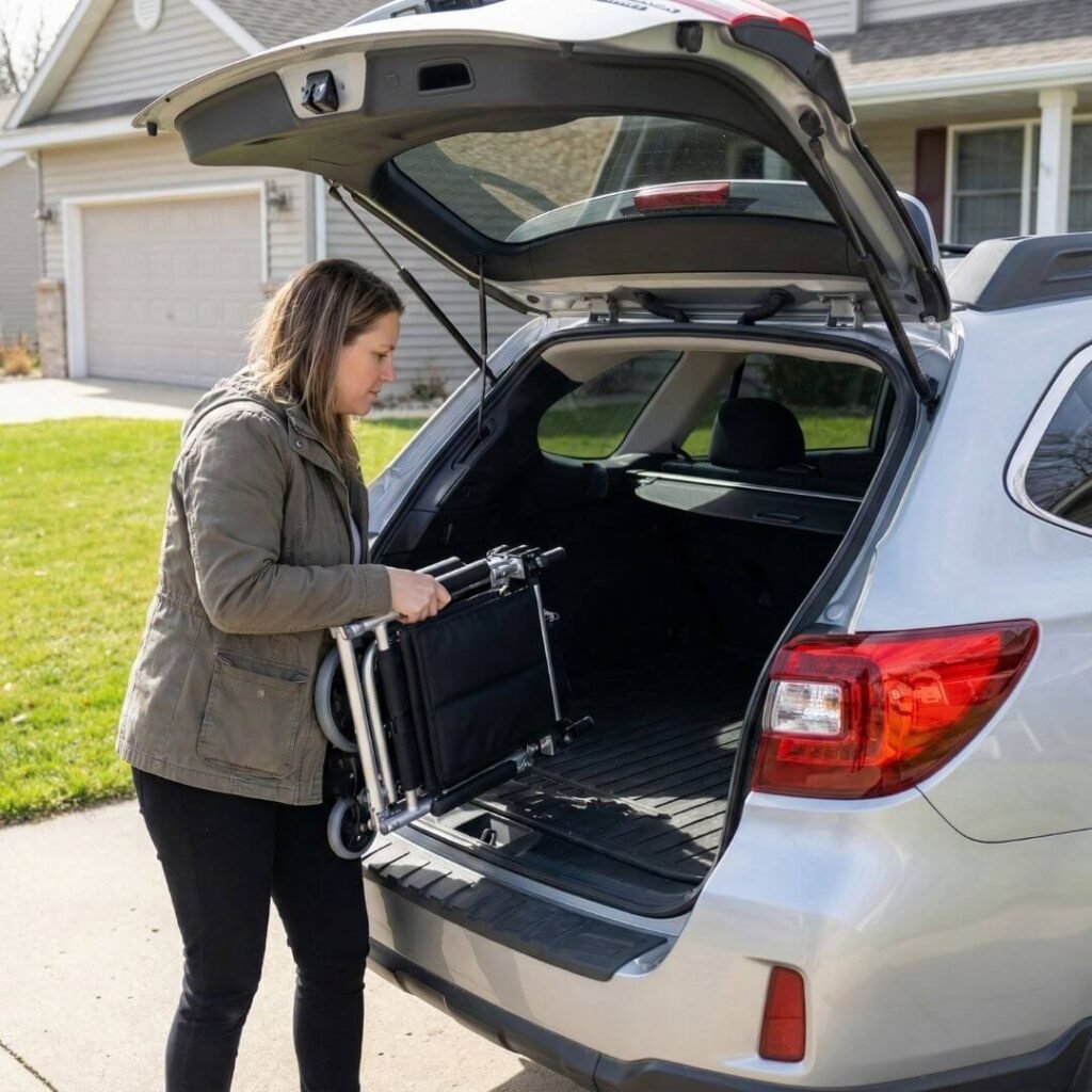 Caregiver folding and lifting a compact travel wheelchair into a car trunk.