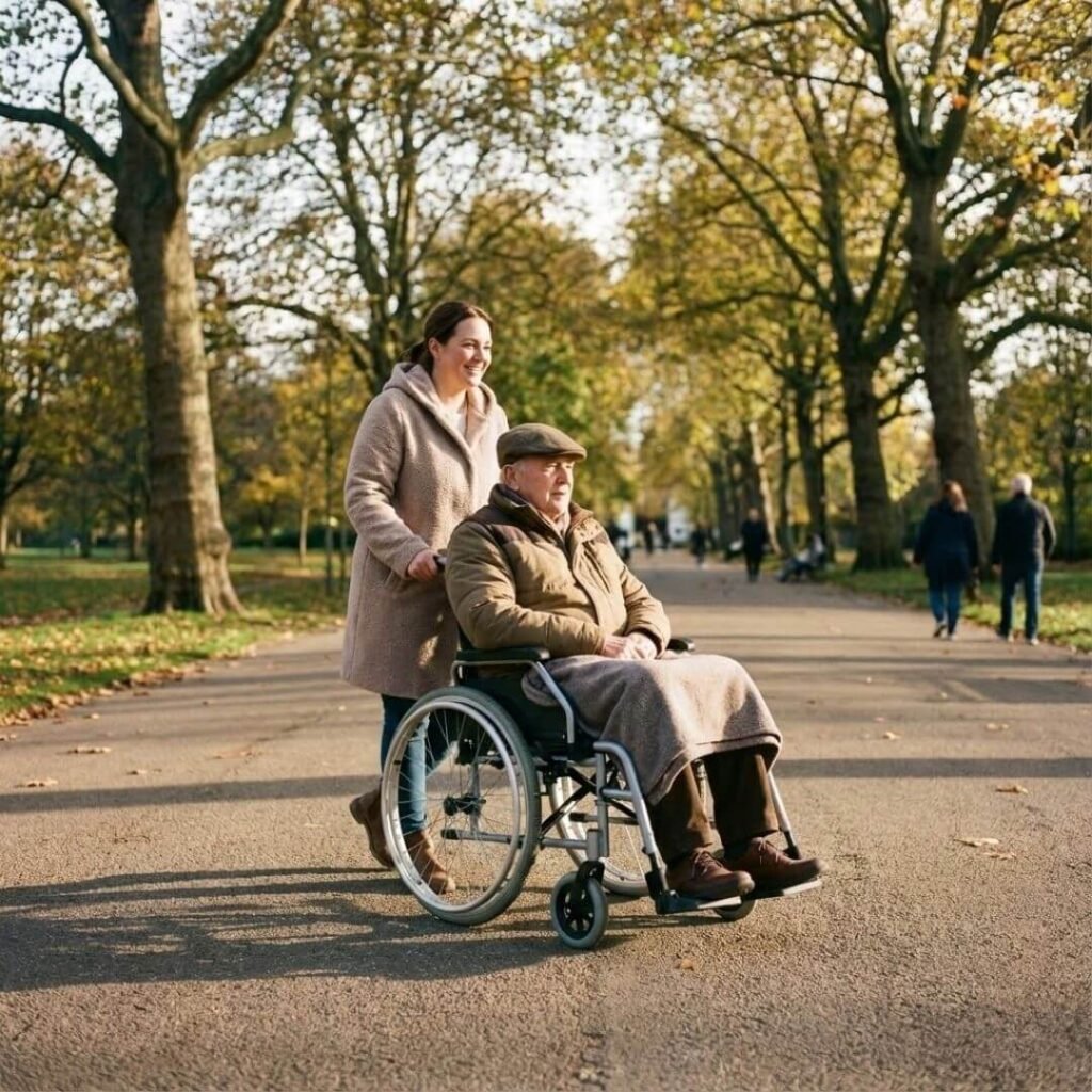 Caregiver pushing a senior man in a lightweight transport wheelchair in a park. 