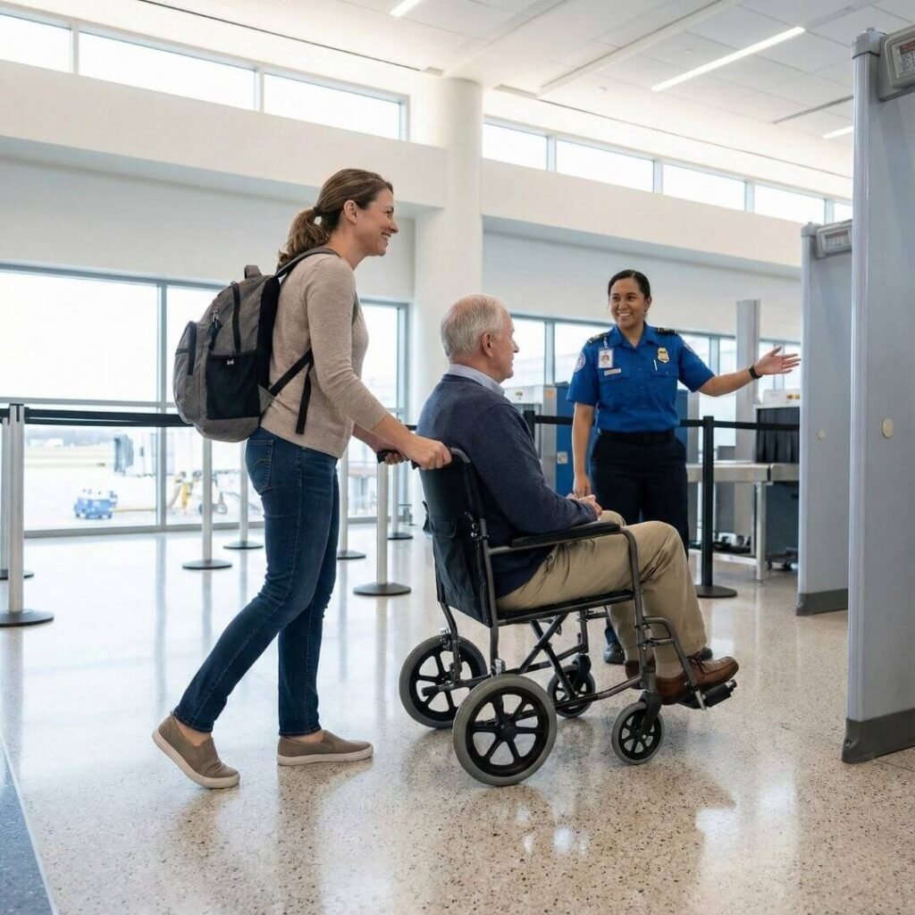 Travel wheelchair being guided through an airport TSA security checkpoint. 