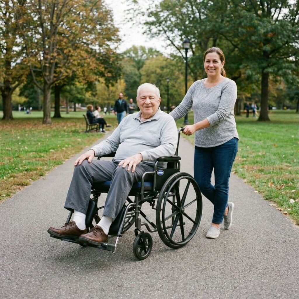 Senior man seated in a heavy-duty bariatric travel wheelchair outdoors.