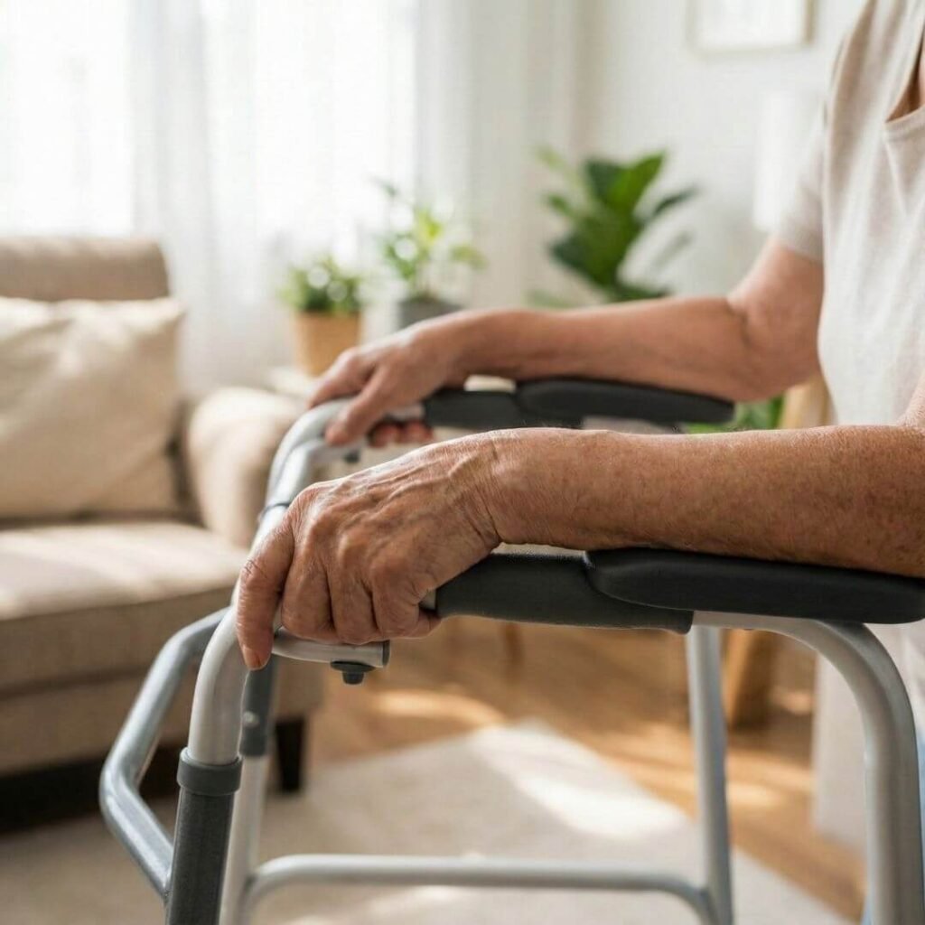 close-up of padded forearm supports on upright walker showing improved posture