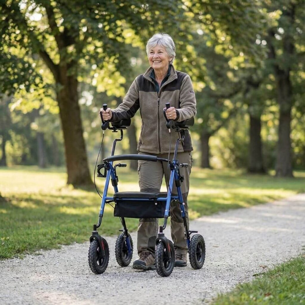senior using an all-terrain upright walker with large wheels on a park path