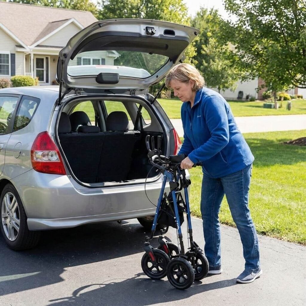 person folding a lightweight upright walker to place it into a car trunk