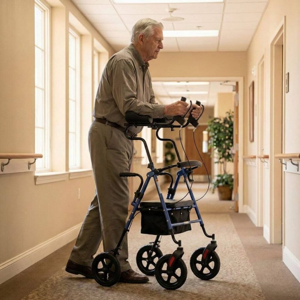 tall senior using an upright walker adjusted to a higher forearm height for straight posture