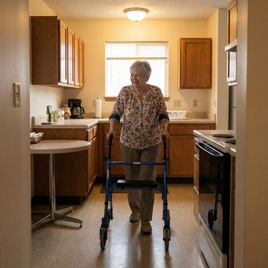 petite senior using a narrow upright walker sized for short adults in a small home