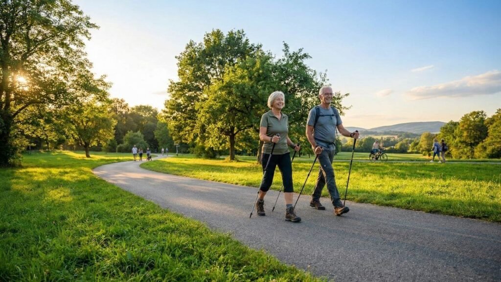 senior couple using the best walking poles for seniors while walking on an outdoor trail