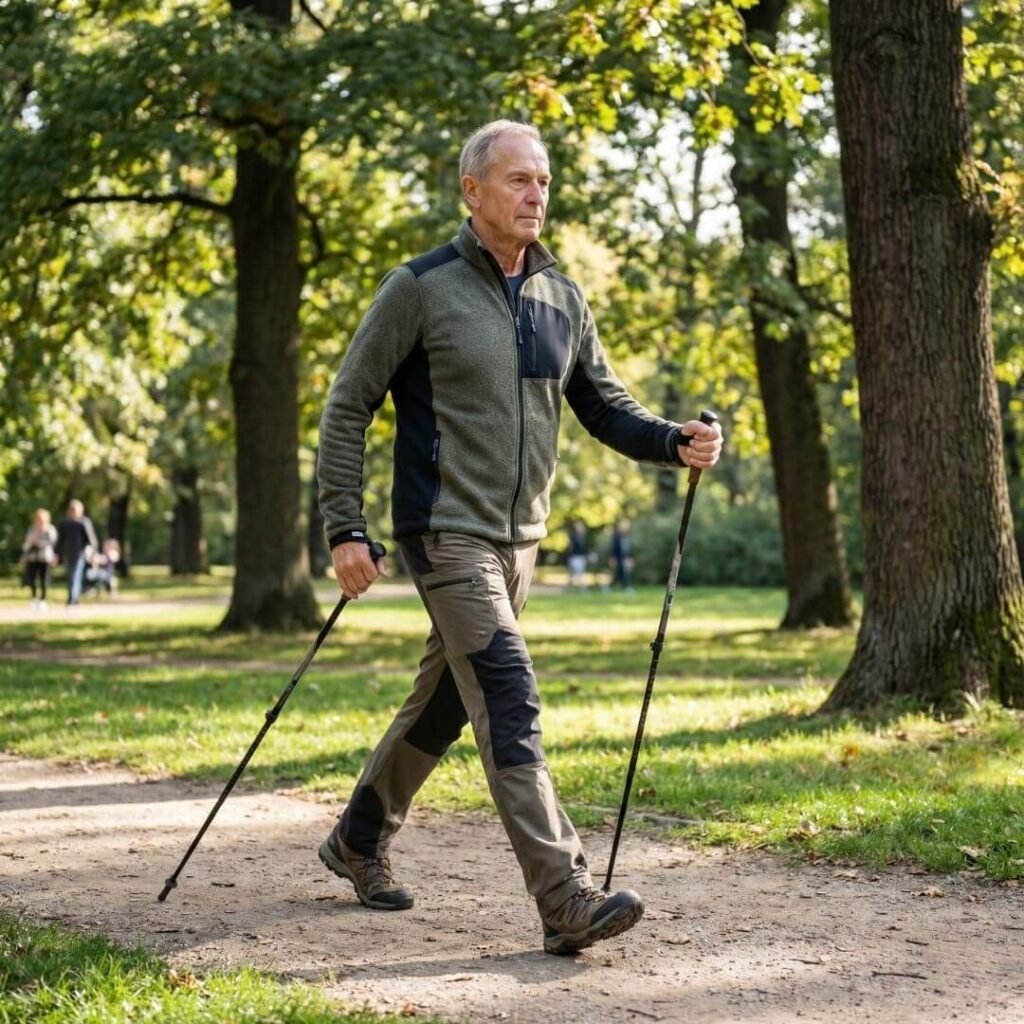 senior practicing low-impact fitness walking with poles 