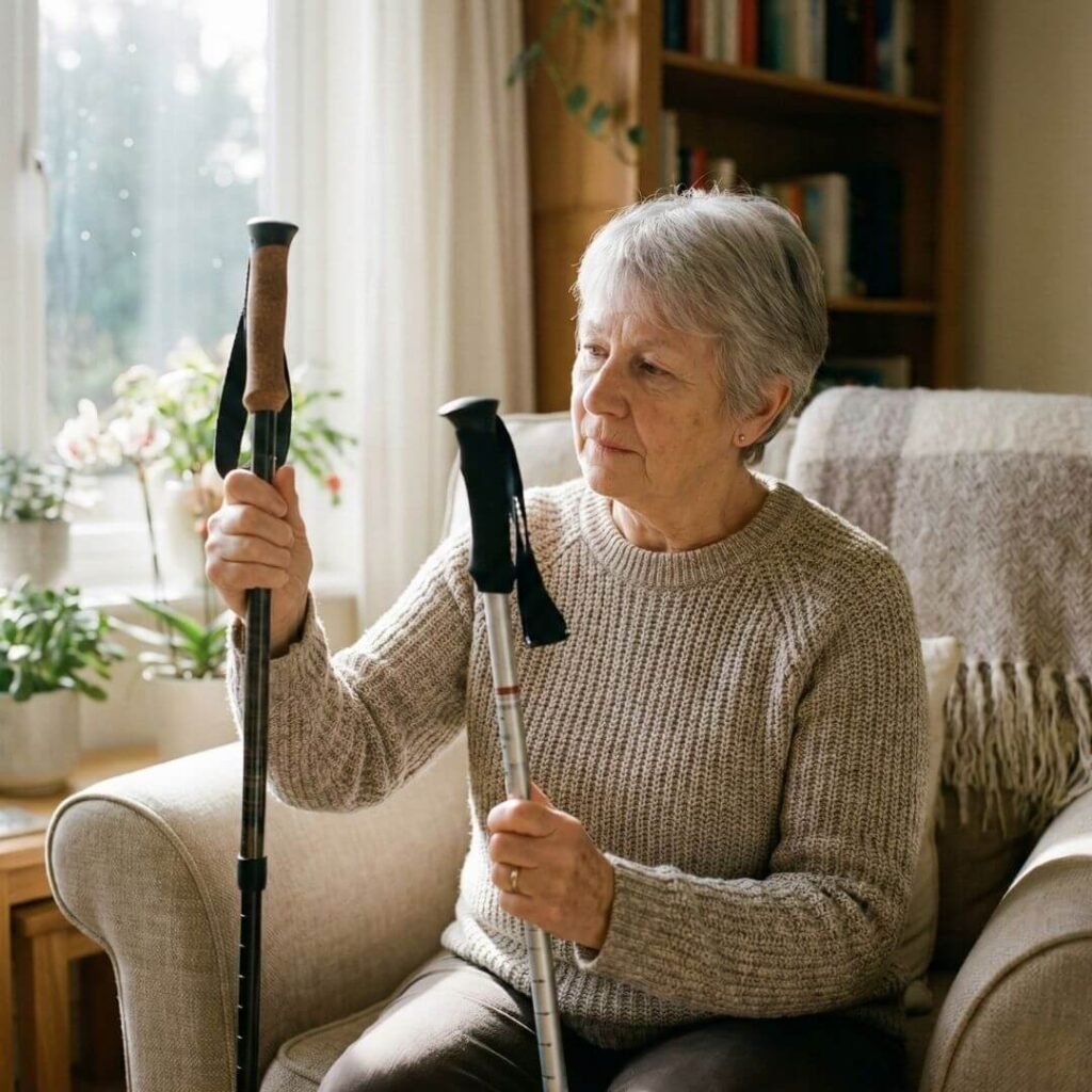 senior comparing two types of walking poles at home 
