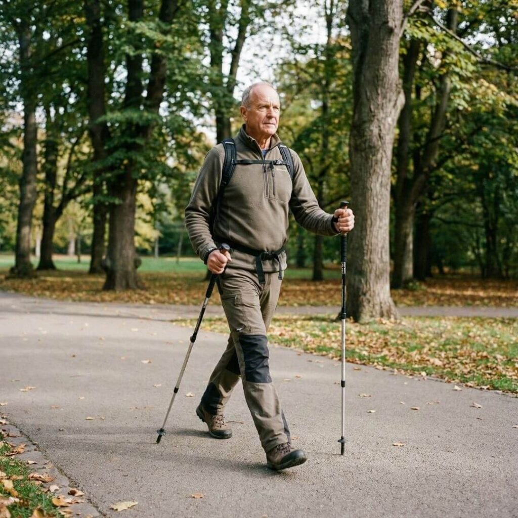senior demonstrating safe walking pole technique on a flat path 