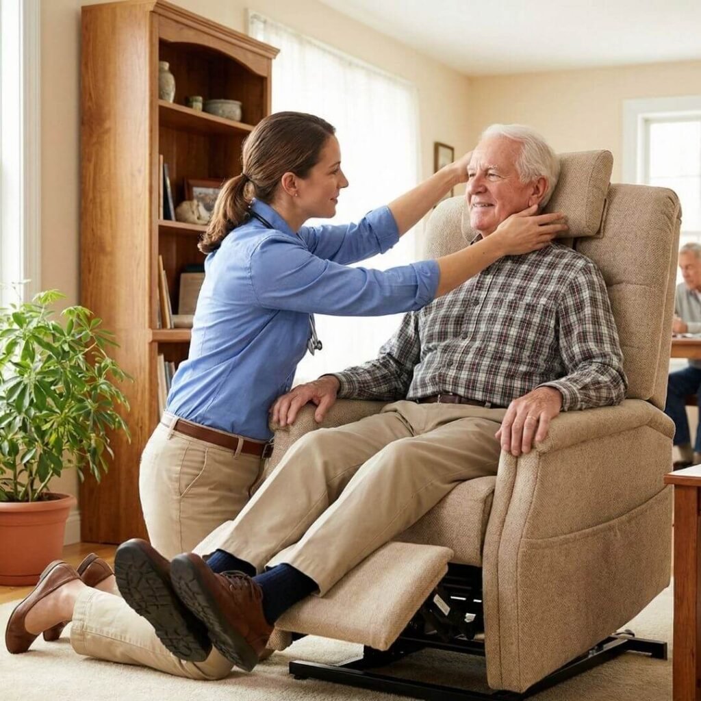 physician evaluating lift chair positioning for safe overnight sleep