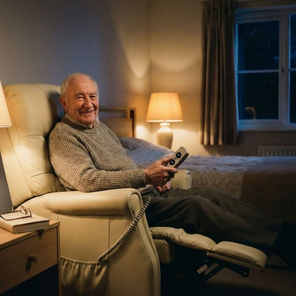senior adjusting lift chair controls before sleeping 