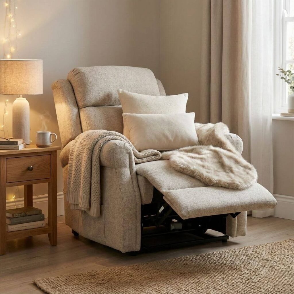 supportive pillows and blankets used with lift chair for sleeping 