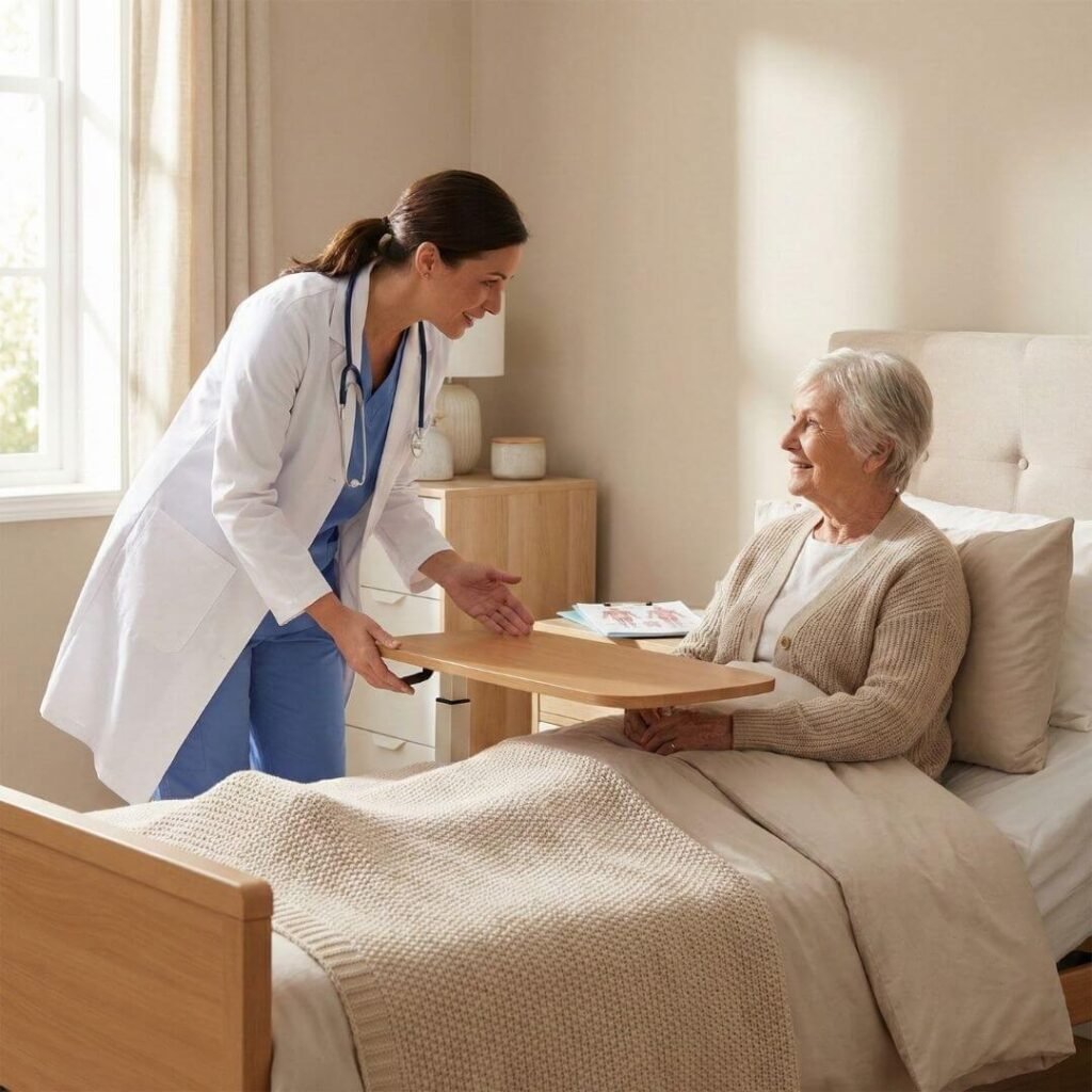 doctor explaining proper overbed table setup for seniors 