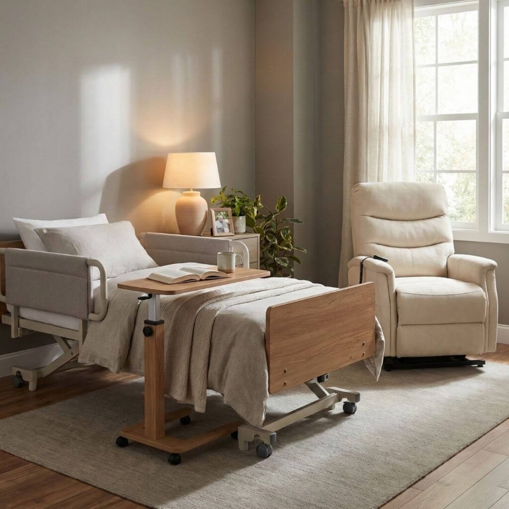 overbed table integrated into senior bedroom setup 