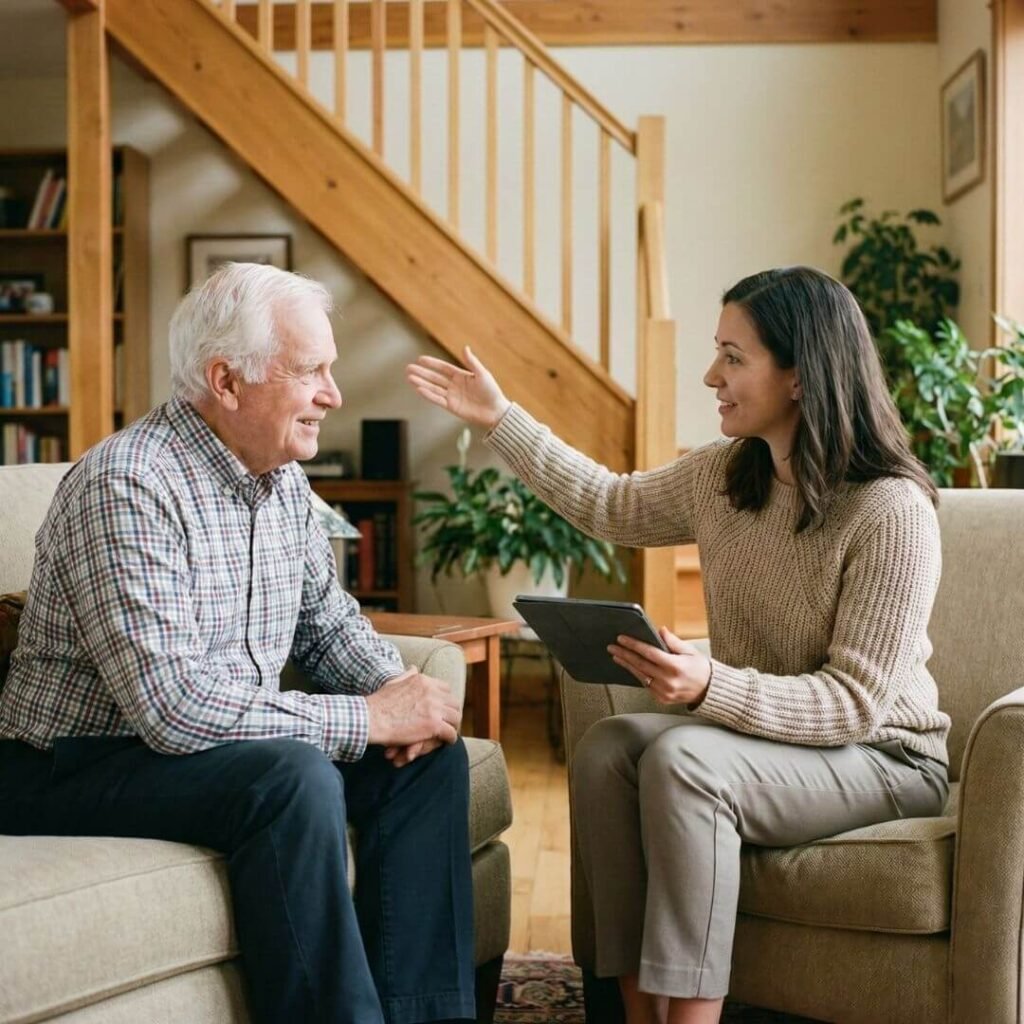 Physician discussing stair safety and fall prevention with a senior 