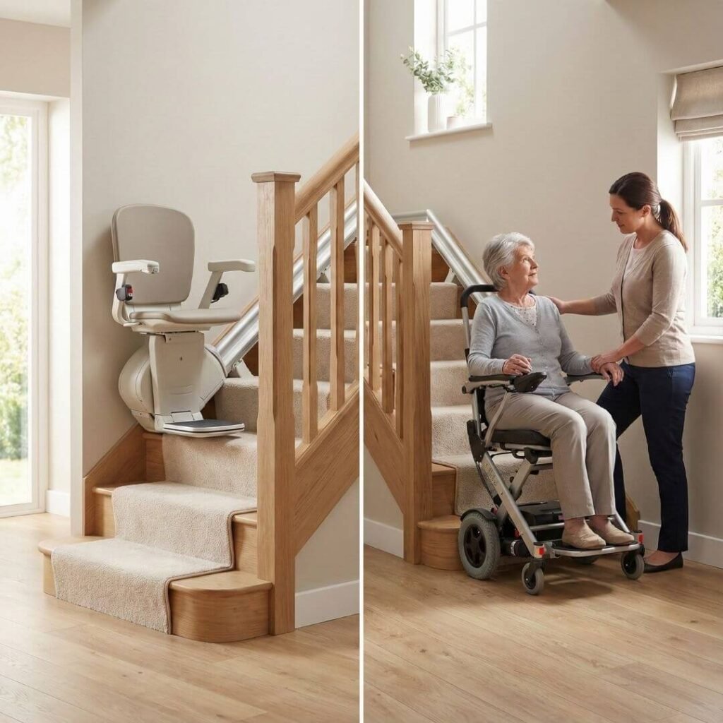 Installed stair lift compared with caregiver-assisted stair-climbing chair