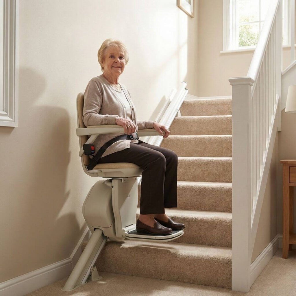 Senior using a stair lift safely with proper seating and seatbelt