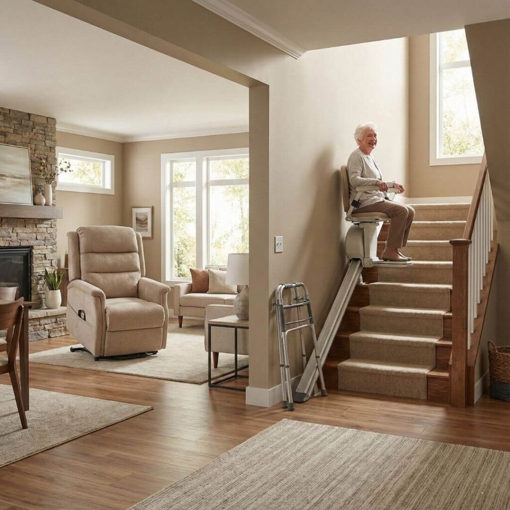 Stair lift used alongside other mobility aids in a senior-friendly home