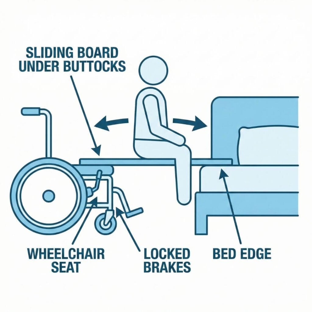 transfer board bridging wheelchair and bed 
