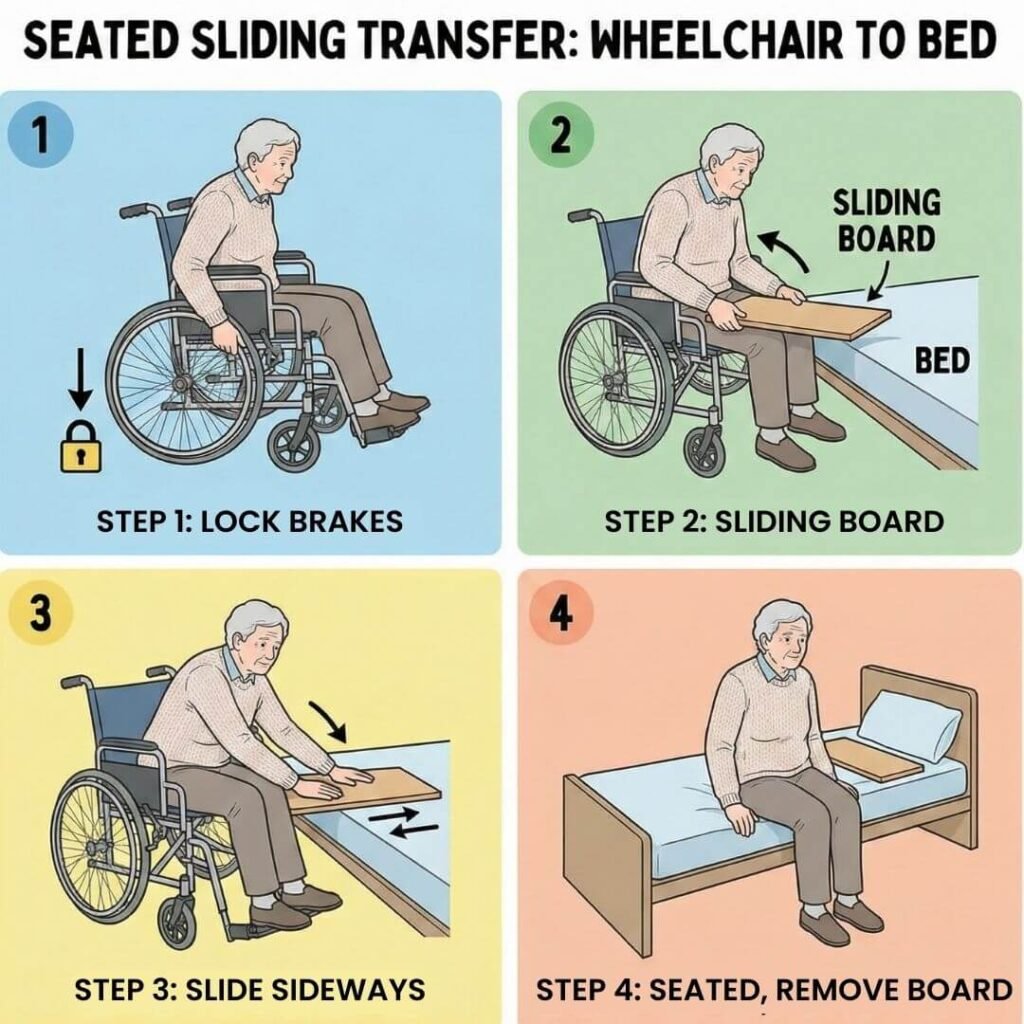safe transfer board use with wheelchair brakes locked