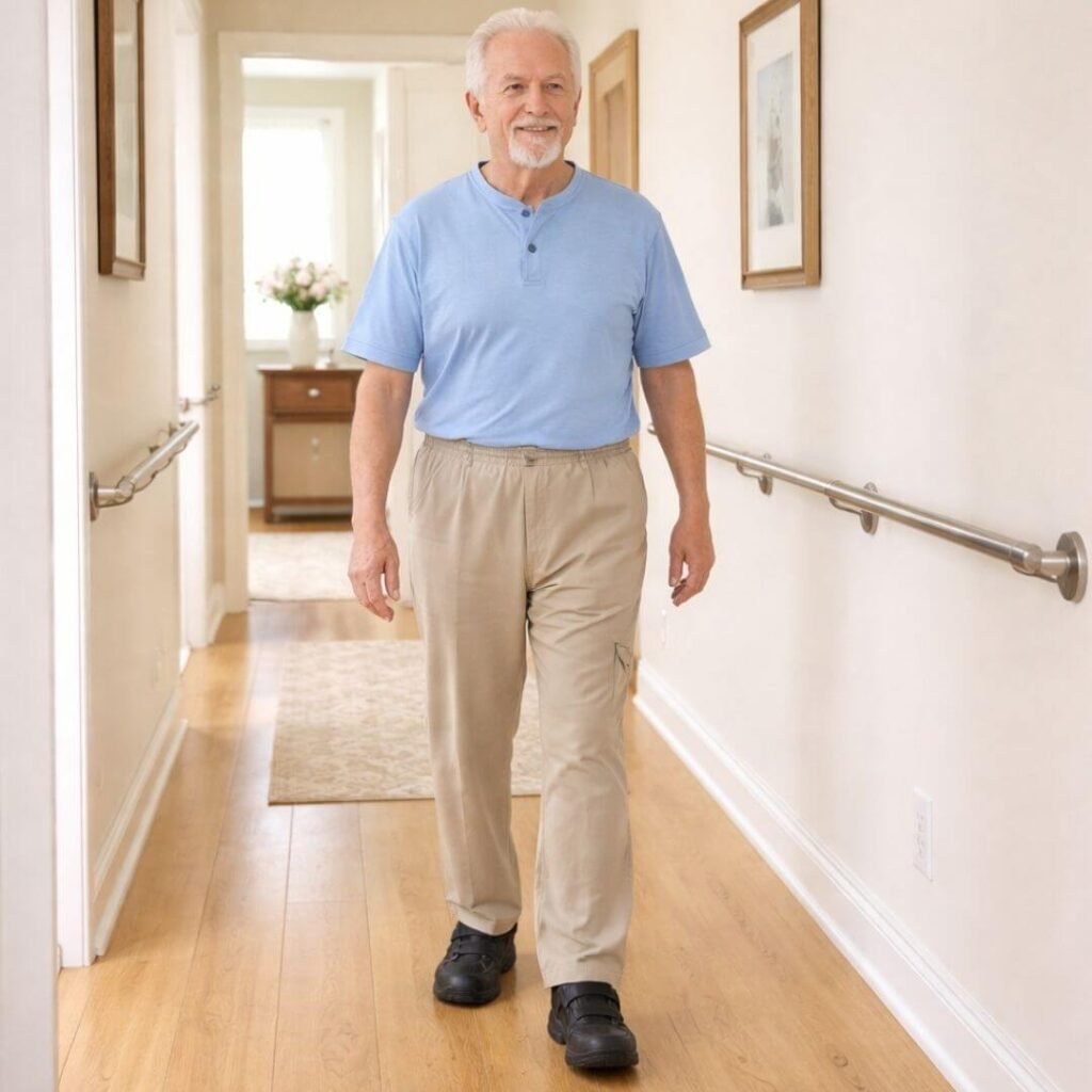 Senior man walking safely indoors wearing supportive adaptive footwear. 