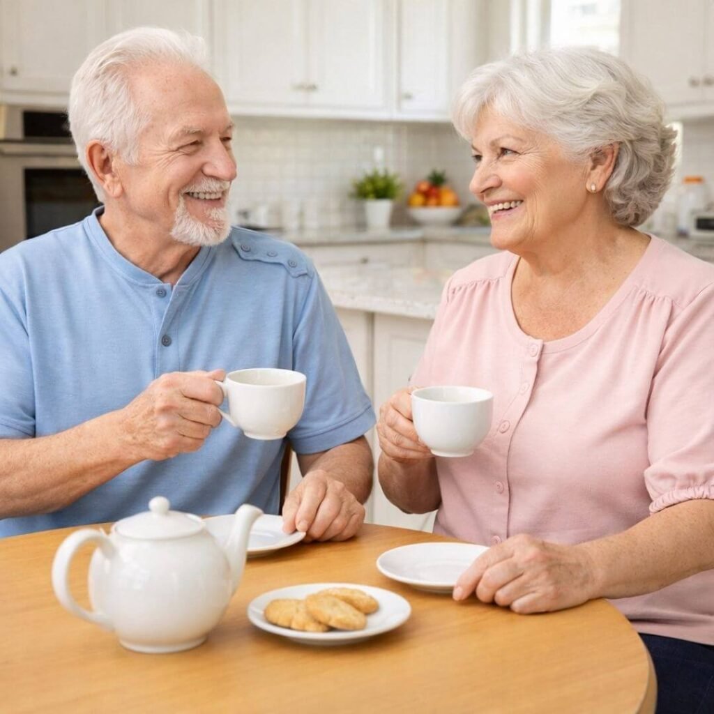 Senior couple wearing adaptive clothing while enjoying time together at home.