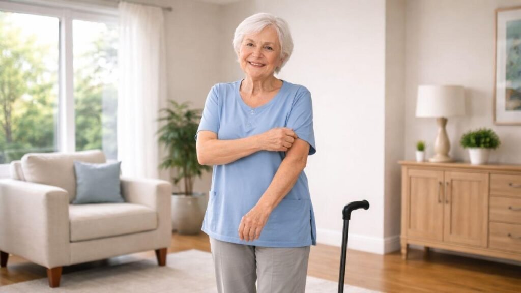 Senior woman standing confidently at home wearing adaptive clothing for seniors. 
