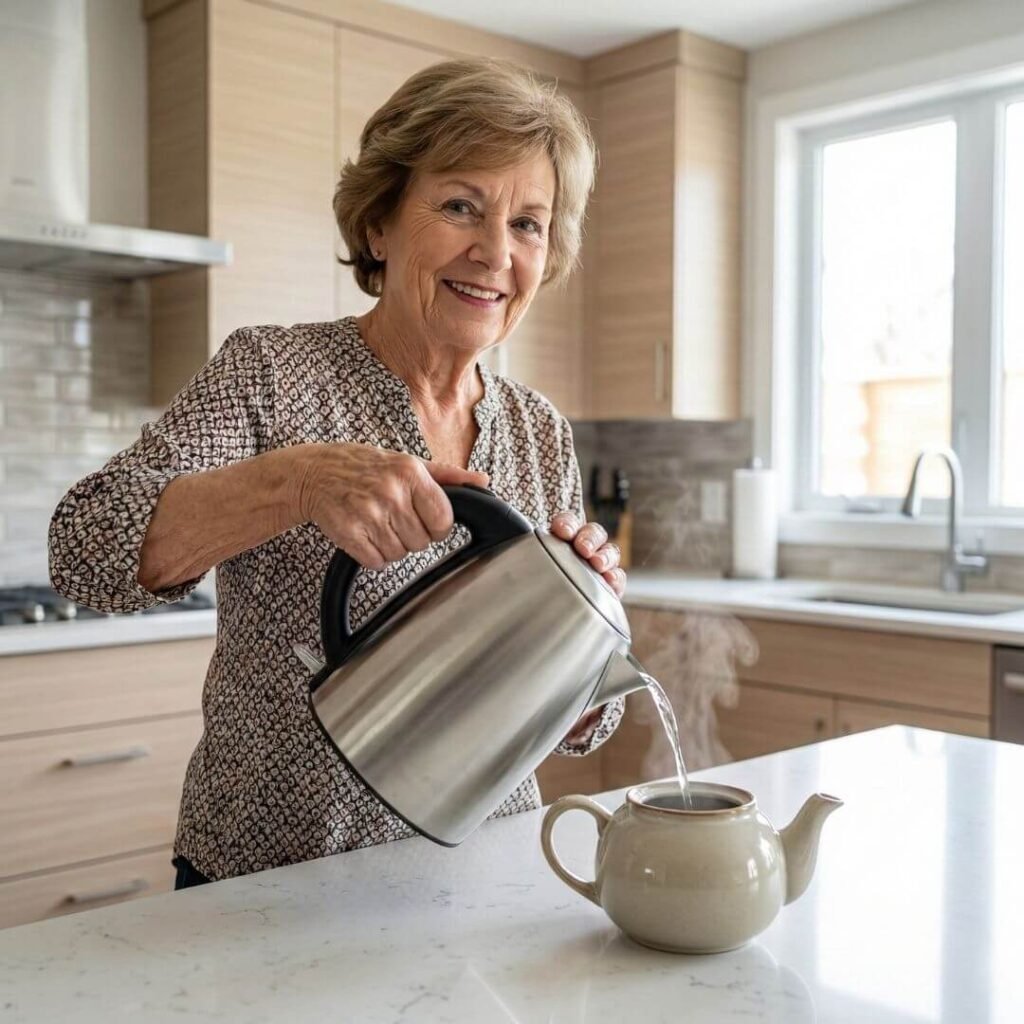 An older woman confidently making tea in her bright kitchen, illustrating a daily independent activity.
