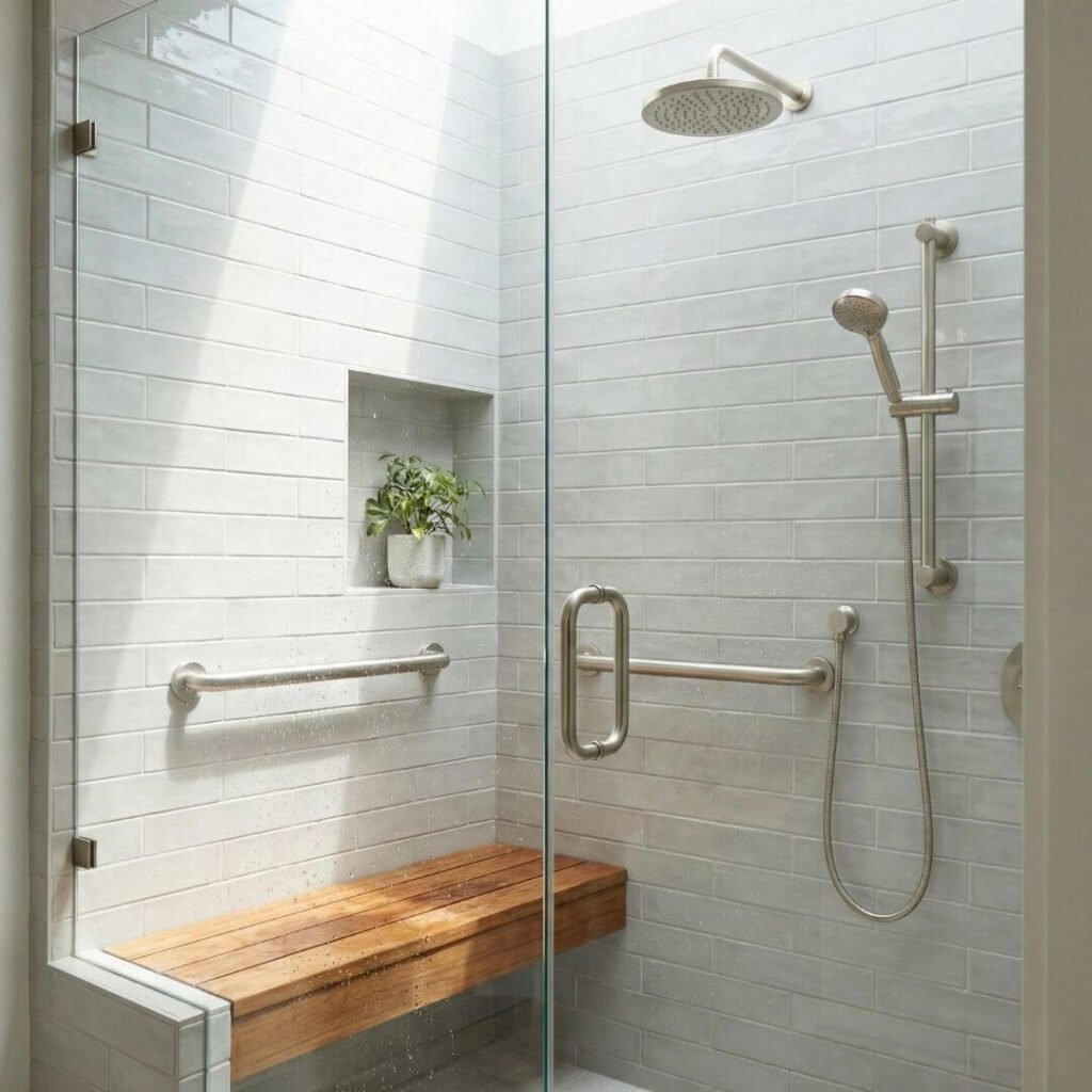 A modern residential shower equipped with stylish grab bars and a shower seat for senior safety.