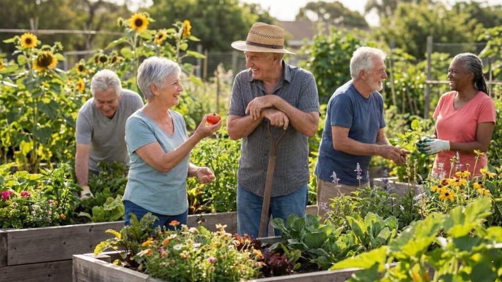 A group of active seniors laughing and socializing while gardening together in a sunny community garden, illustrating the emotional and social benefits of independent living for seniors.