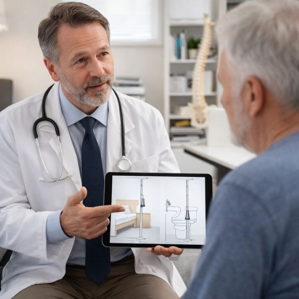 Physician explaining transfer poles as a fall prevention tool to a senior patient 