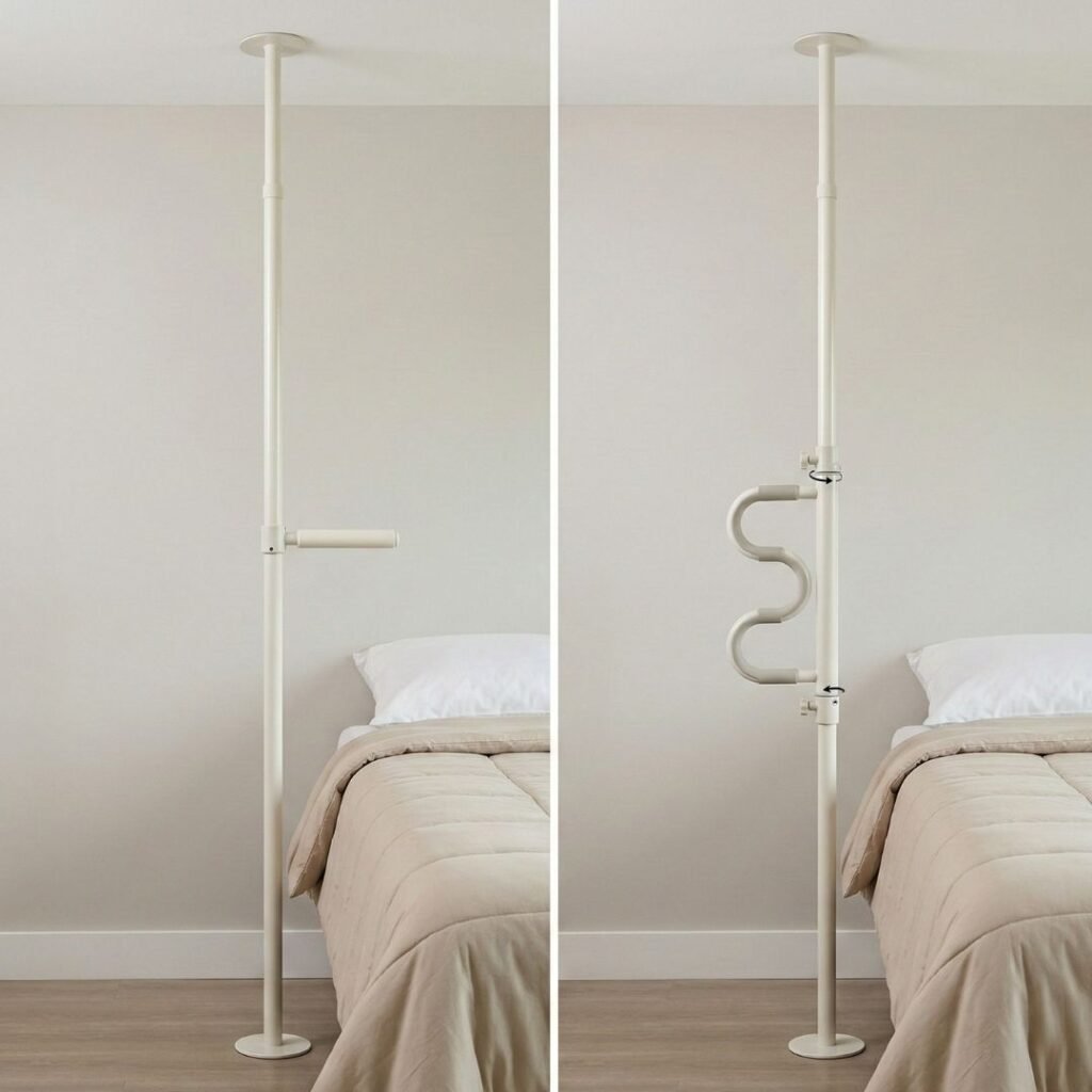 Comparison of two floor-to-ceiling transfer poles installed in a bedroom setting 