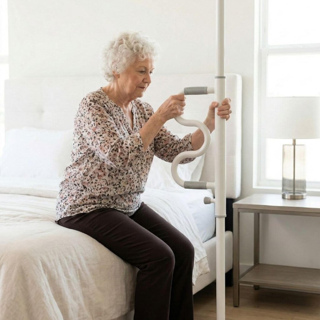 Senior demonstrating safe bed-to-stand transfer using a transfer pole 