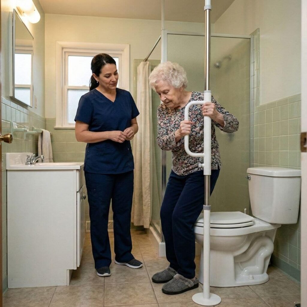 Transfer pole installed near a toilet to improve bathroom transfer safety 