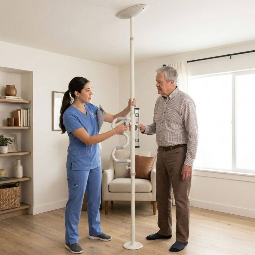 Physical therapist checking proper transfer pole installation and tension adjustment 