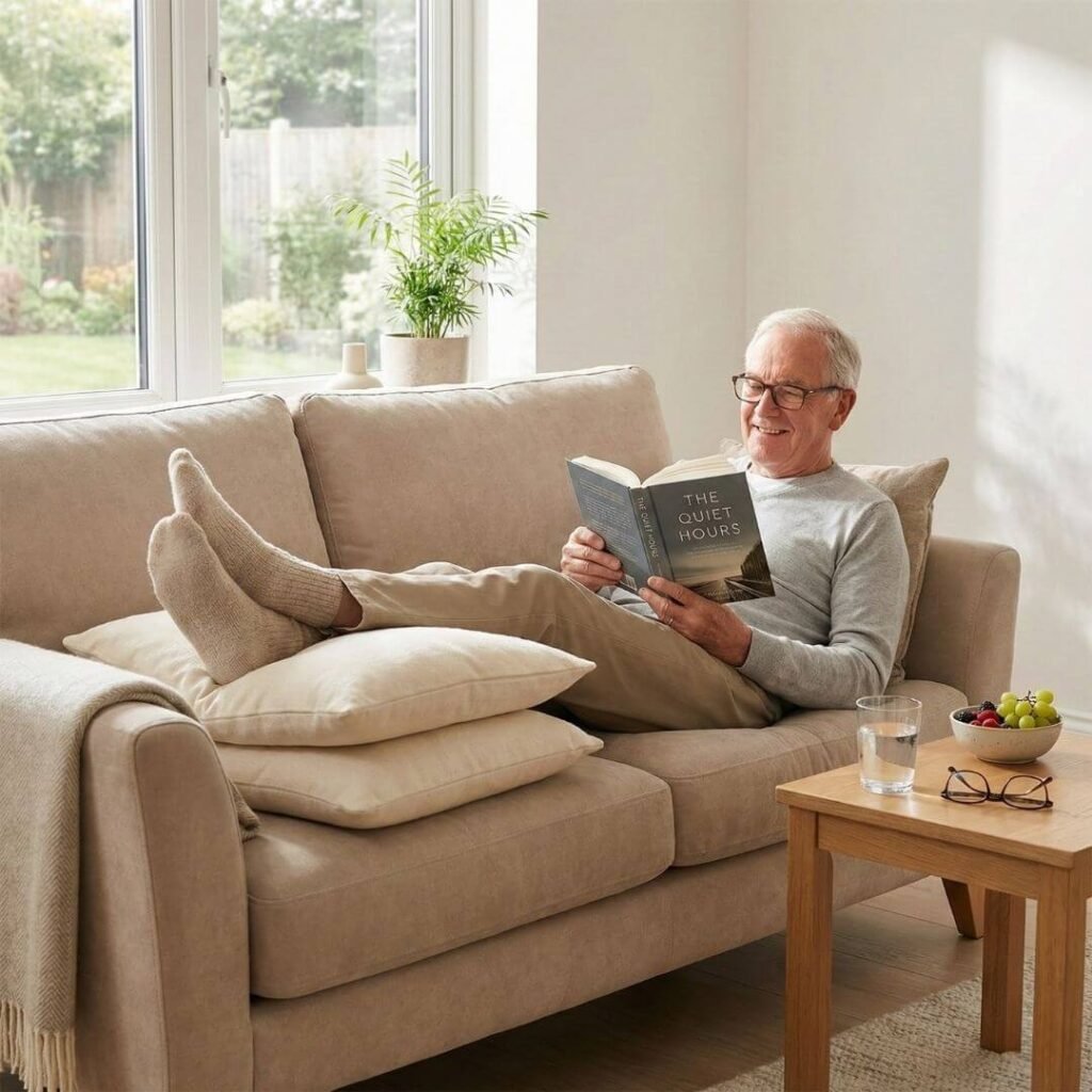 An elderly man resting comfortably on a sofa with his injured leg propped up on pillows, with a glass of water within easy reach on a stable table.
