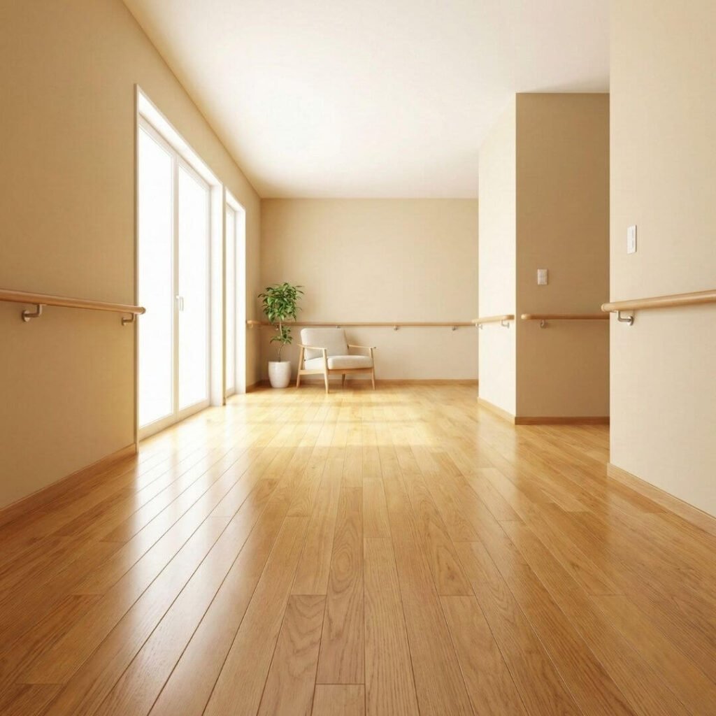 A shot of a living room floor that is completely clear of clutter, cords, and loose throw rugs, showing a wide, safe walking path.