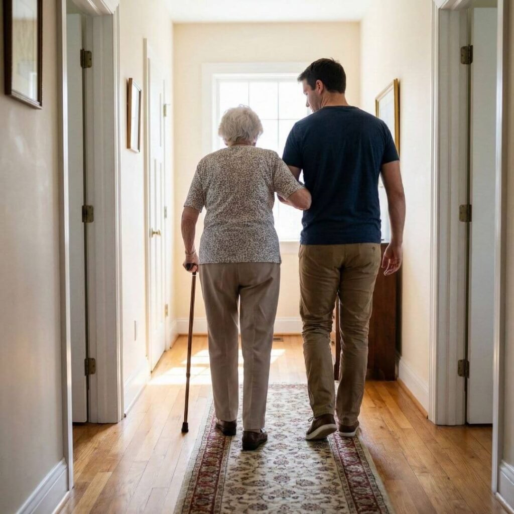 A senior woman slowly walking down a well-lit hallway, steadying herself with a hand on a supportive family member's arm.
