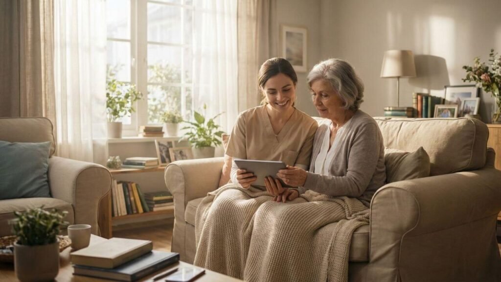 A younger caregiver sitting next to an elderly woman in a comfortable armchair, planning her elderly recovery after a fall using a workbook or tablet.
