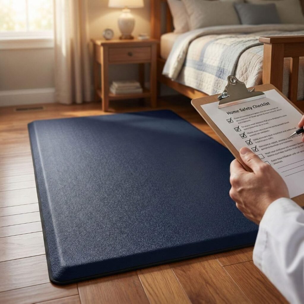 Doctor reviewing home safety notes about fall mats for elderly adults