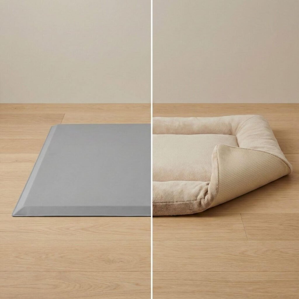 Comparison of two fall mats for elderly showing low-profile and thicker cushioned options