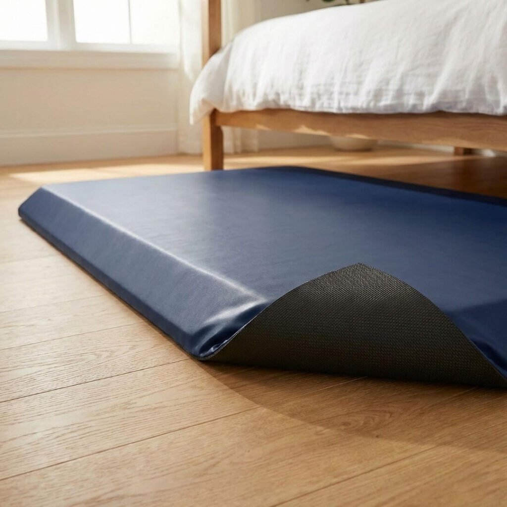  Educational overview of fall mats for elderly showing beveled edge, non-slip backing, and cushioning