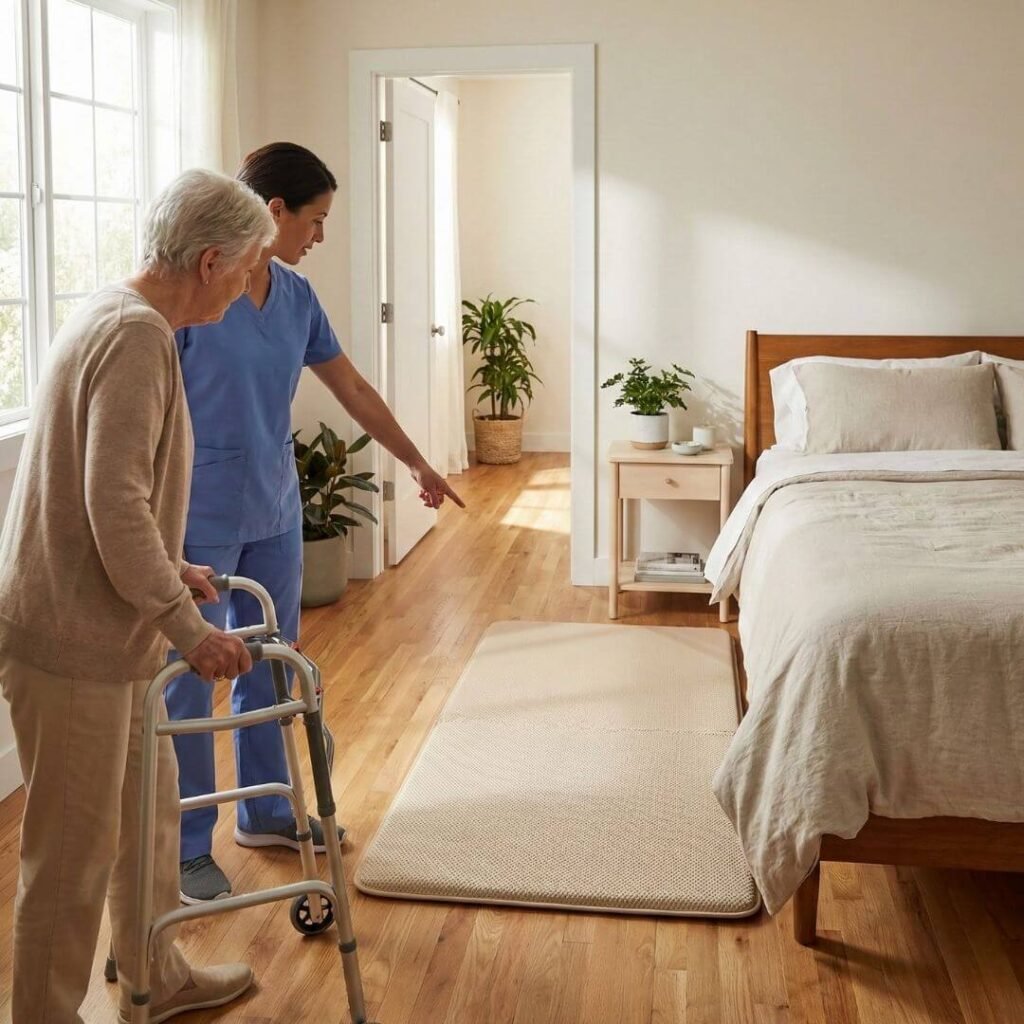  Physician tips scene showing safe mobility near fall mats for elderly with a walker