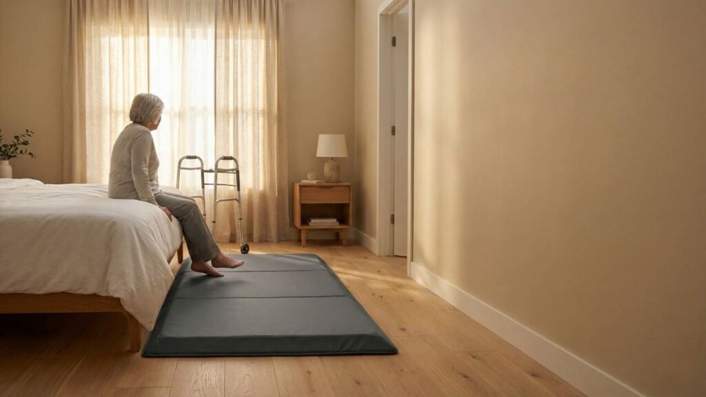 Fall mats for elderly placed beside a bed in a safe bedroom setup
