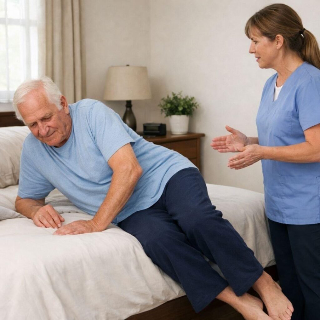 Safe side-lying technique for elderly bed transfer Elderly adult rolling onto side to push into seated position safely