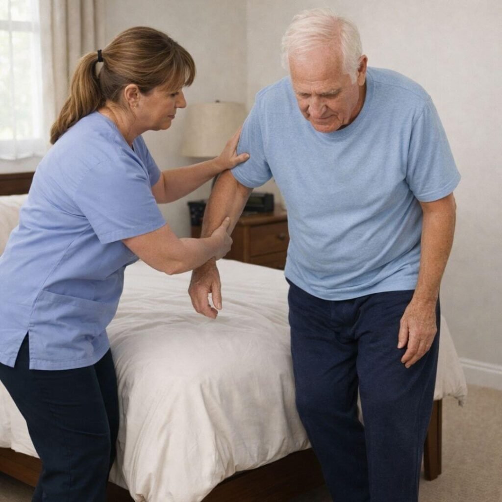 Proper caregiver positioning for safe elderly transfer Caregiver using correct body mechanics to assist elderly person out of bed