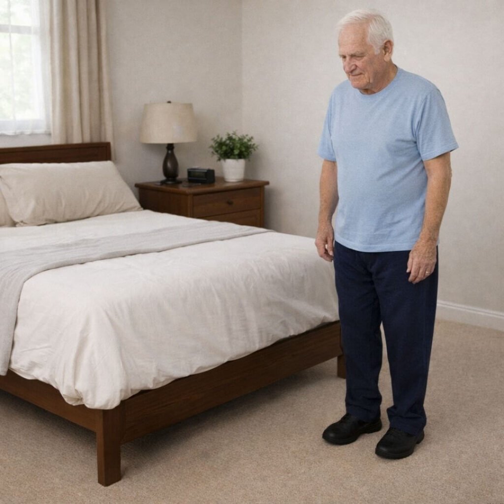 Bedroom safety setup to prevent falls in seniors Safe bedroom setup with proper bed height and clear floor for elderly mobility