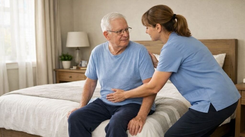 Help getting out of bed for elderly adult with caregiver using safe transfer technique in a home bedroom