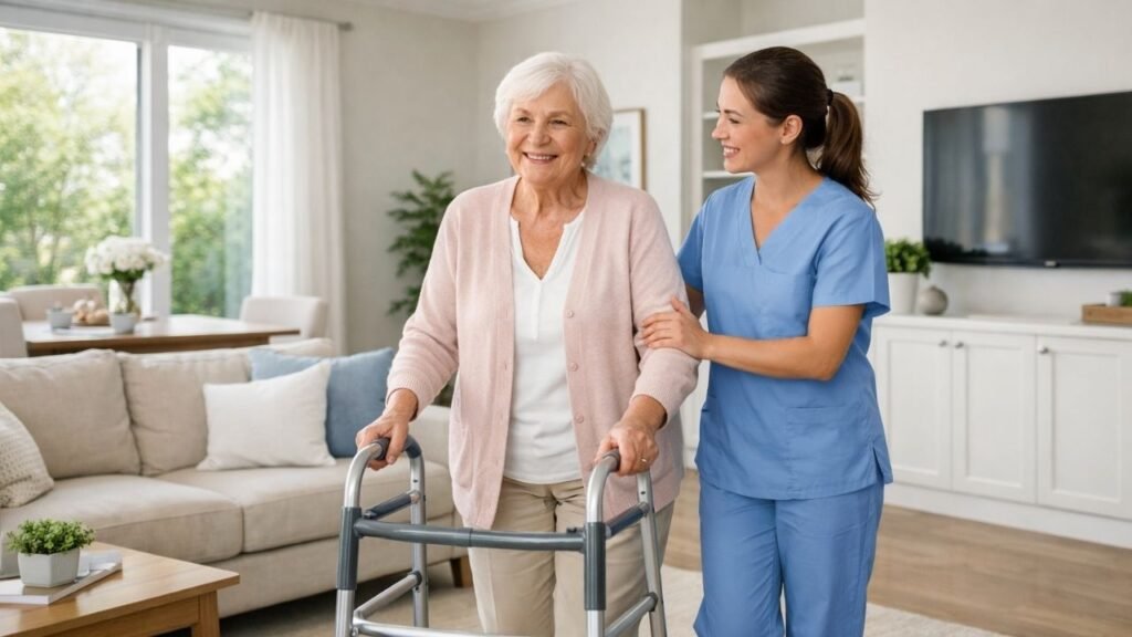 Caregiver helping elderly with mobility walking safely at home
